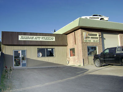 Farbrook Auto Salvage storefront (and friendly door greeter!)